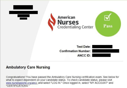 ANCC Ambulatory Care Nursing certification pass result for Delaney Vullo