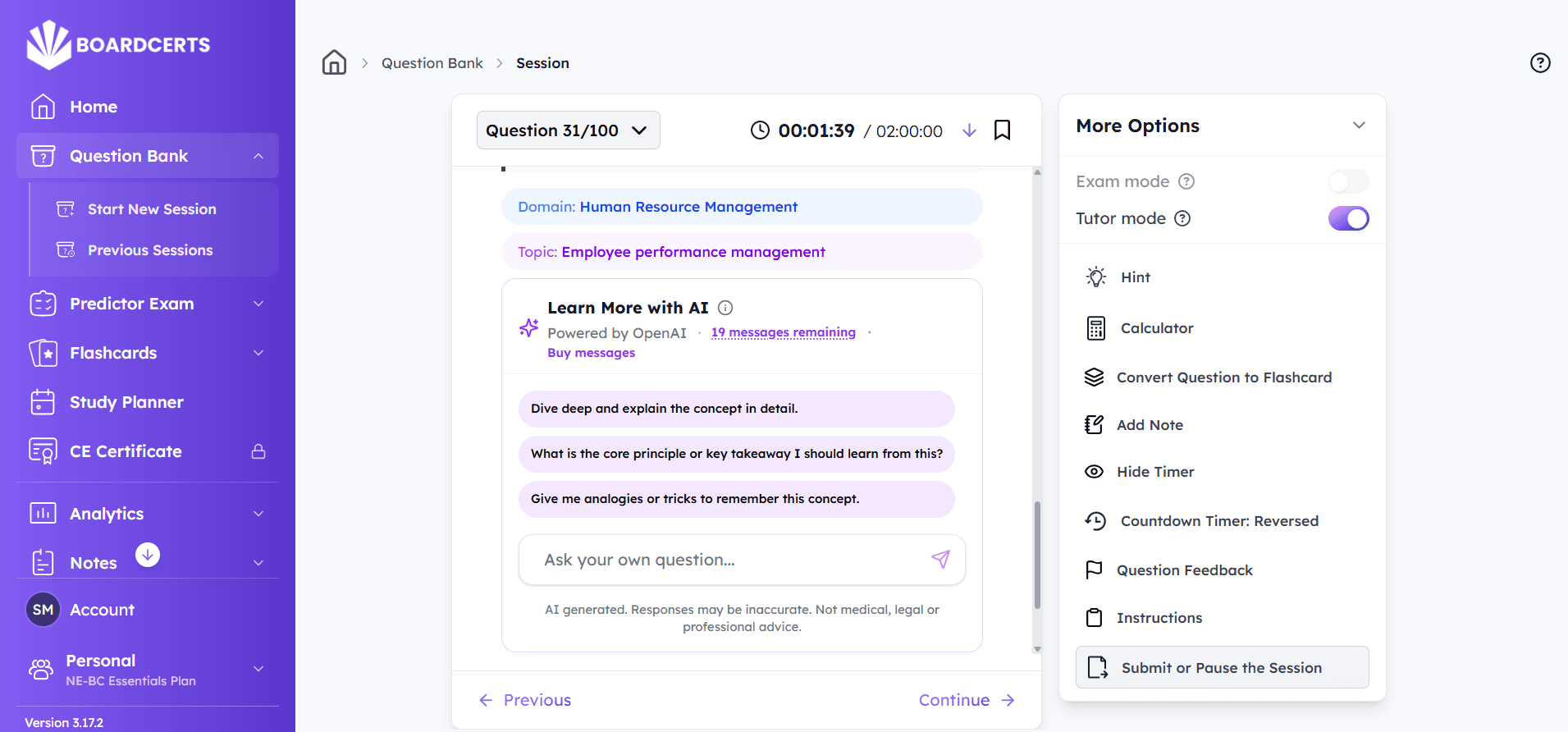 BoardCerts AI chat - ask follow-up questions on any practice question