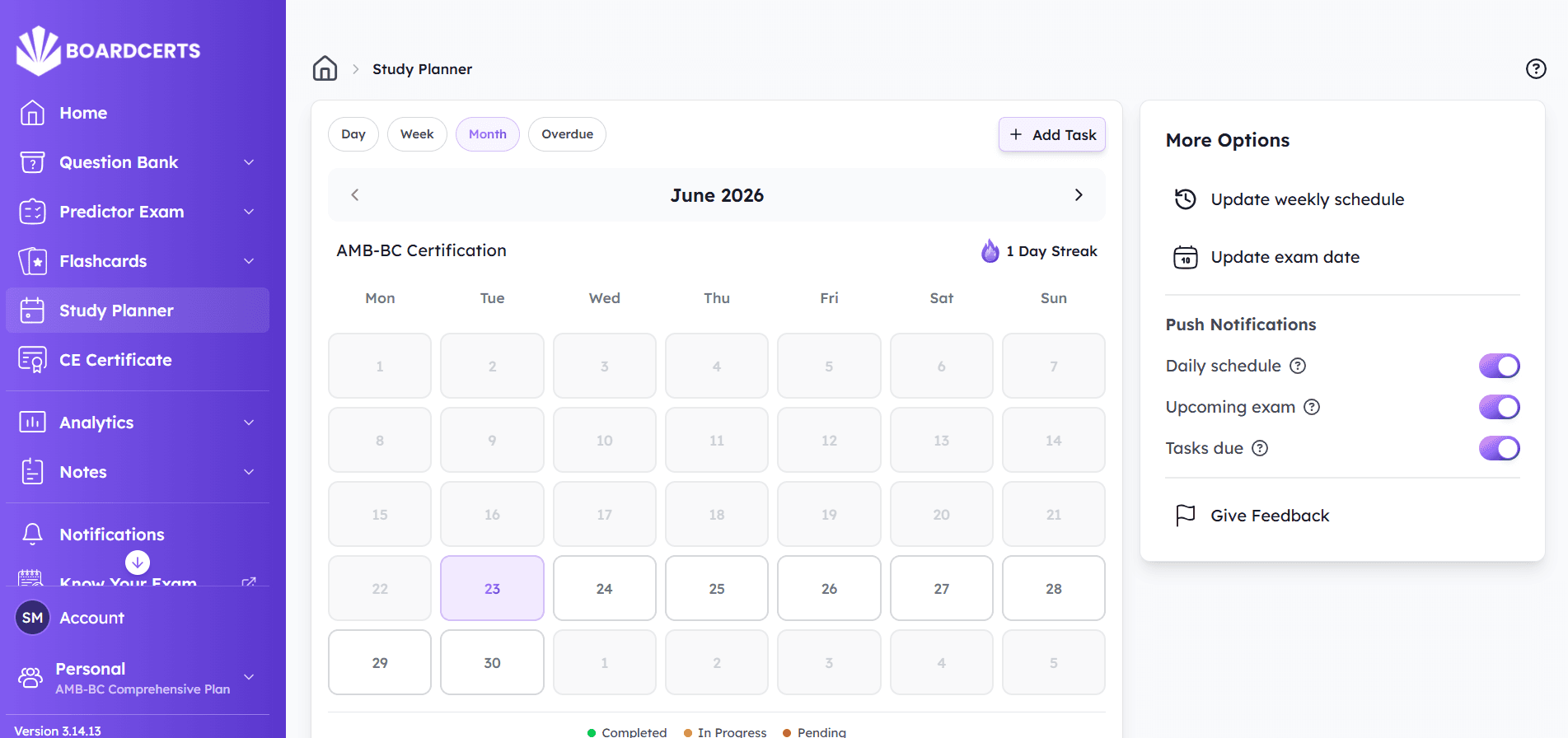 BoardCerts study planner daily view showing today's study tasks