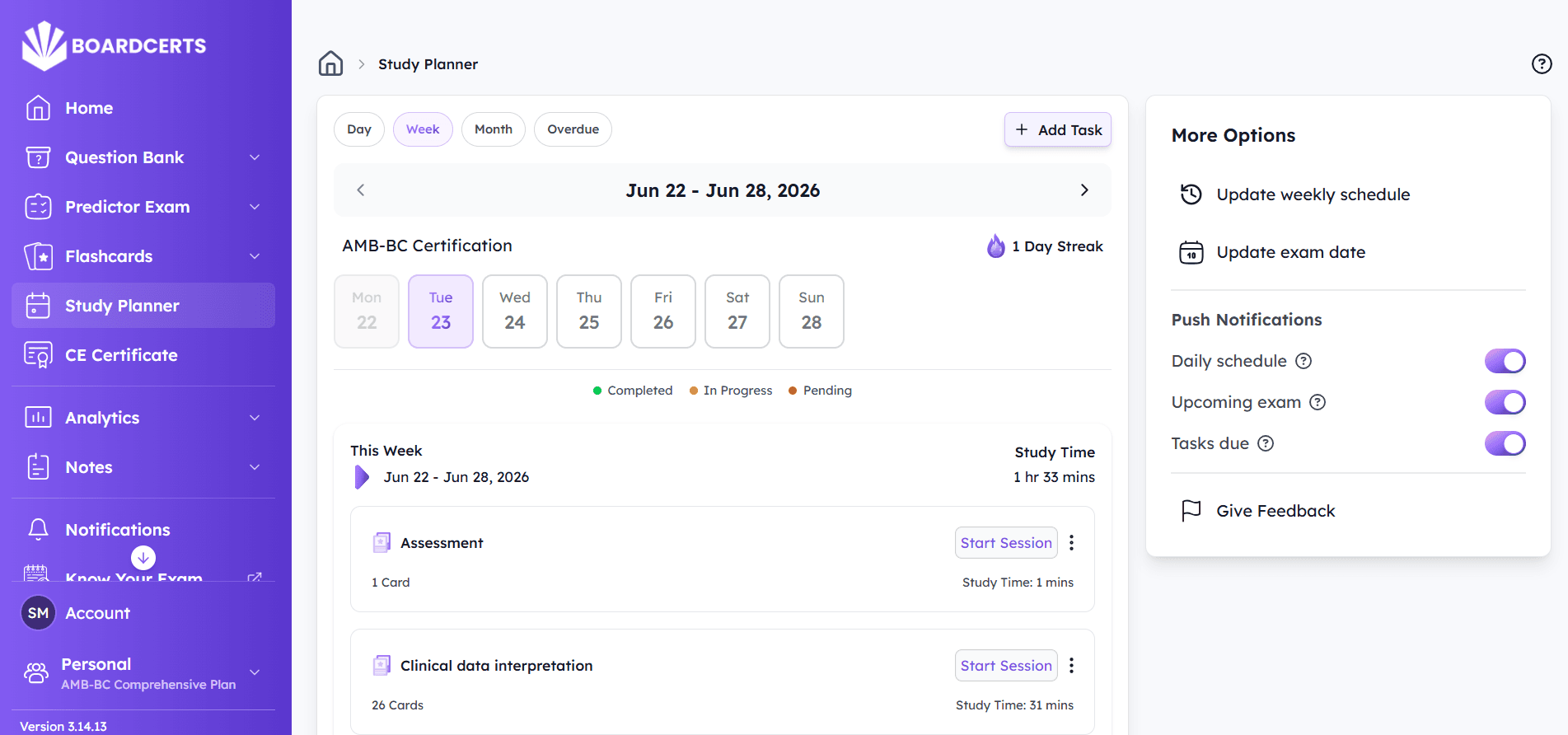 BoardCerts study planner weekly calendar view