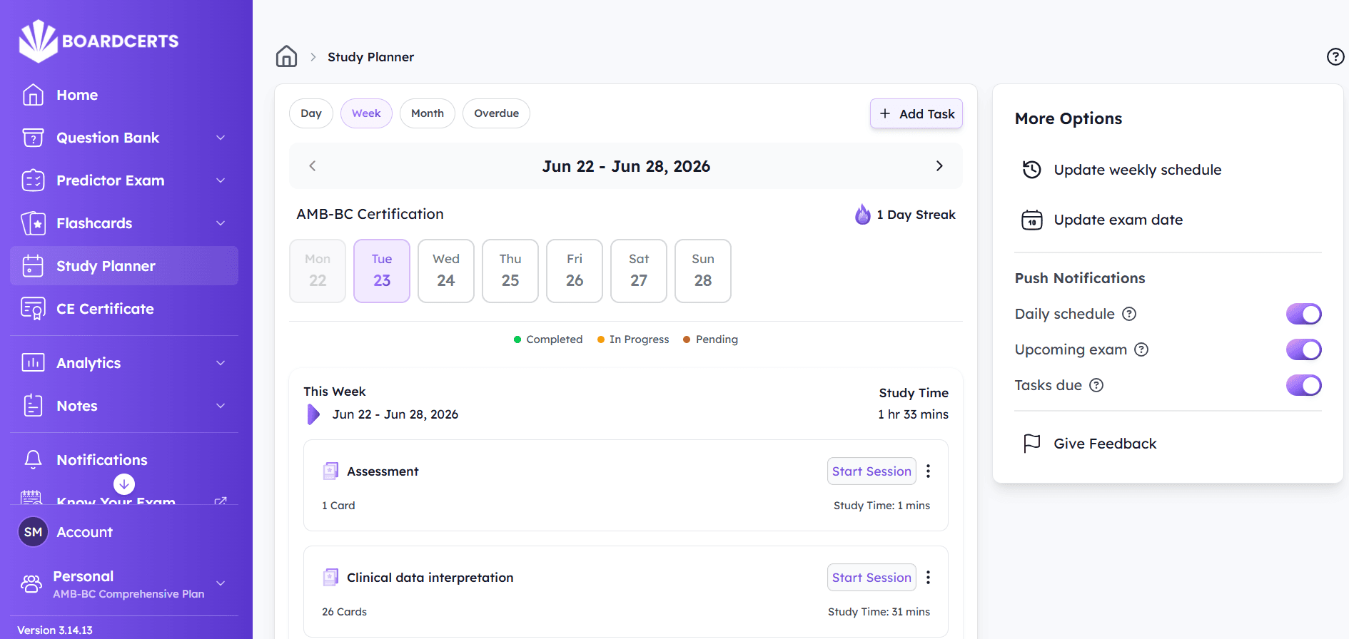 BoardCerts study planner overview dashboard