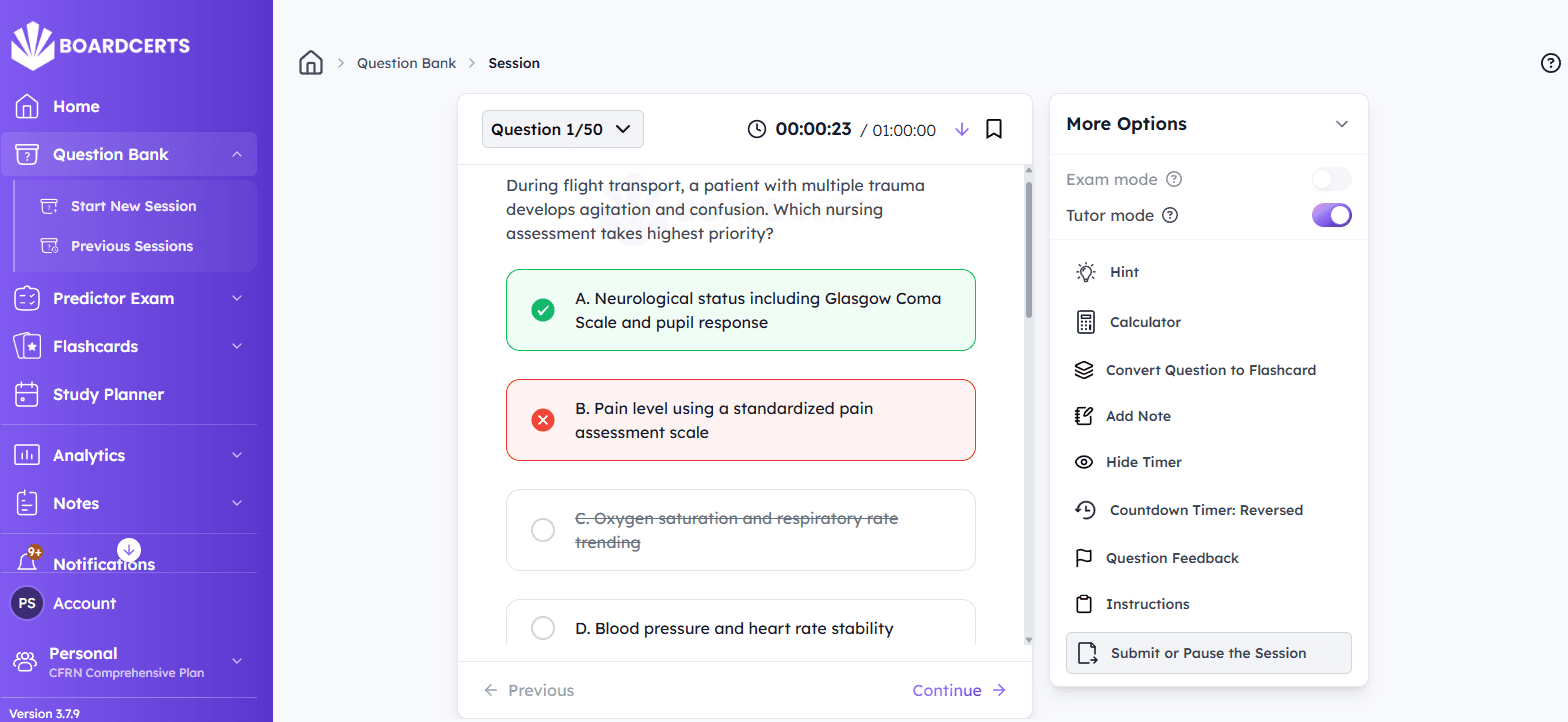 BoardCerts question bank in tutor mode with correct, incorrect, and eliminated answers