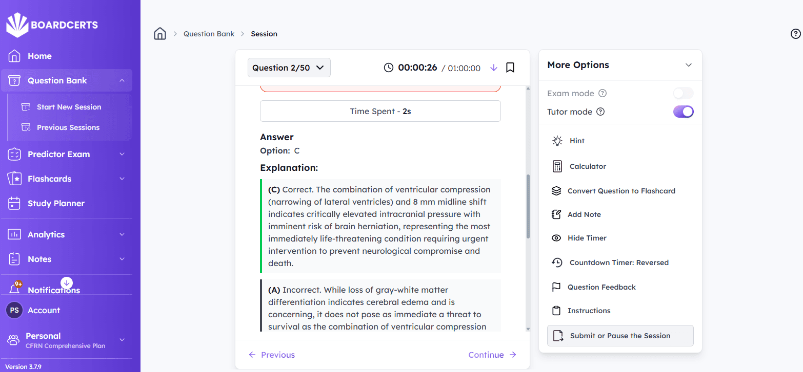 BoardCerts question bank explanation view with rationales for each option