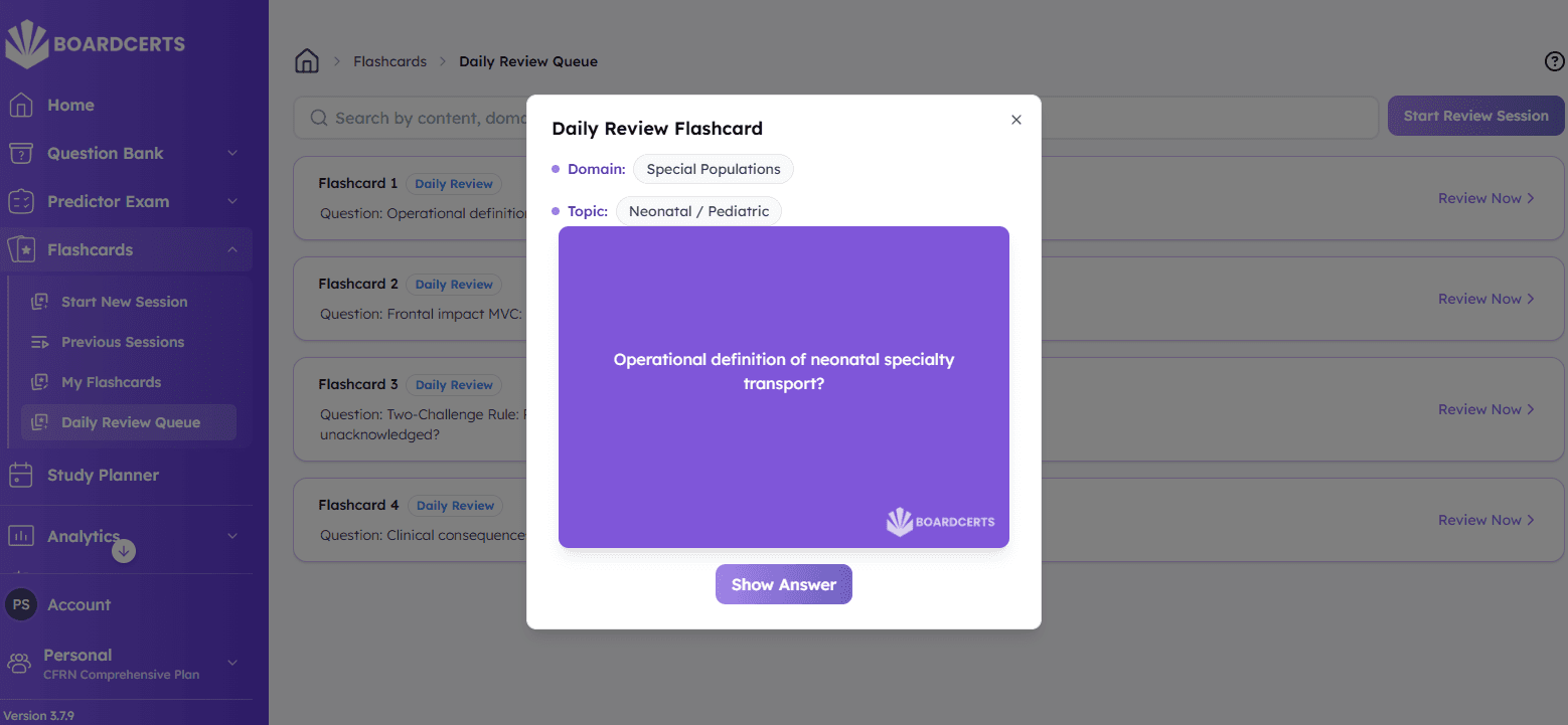 BoardCerts daily review queue modal for flashcard practice