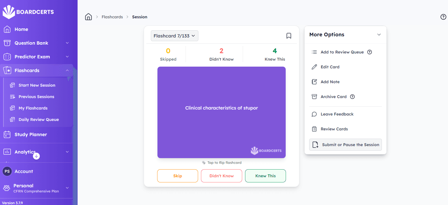 BoardCerts flashcard session view showing card actions and study controls