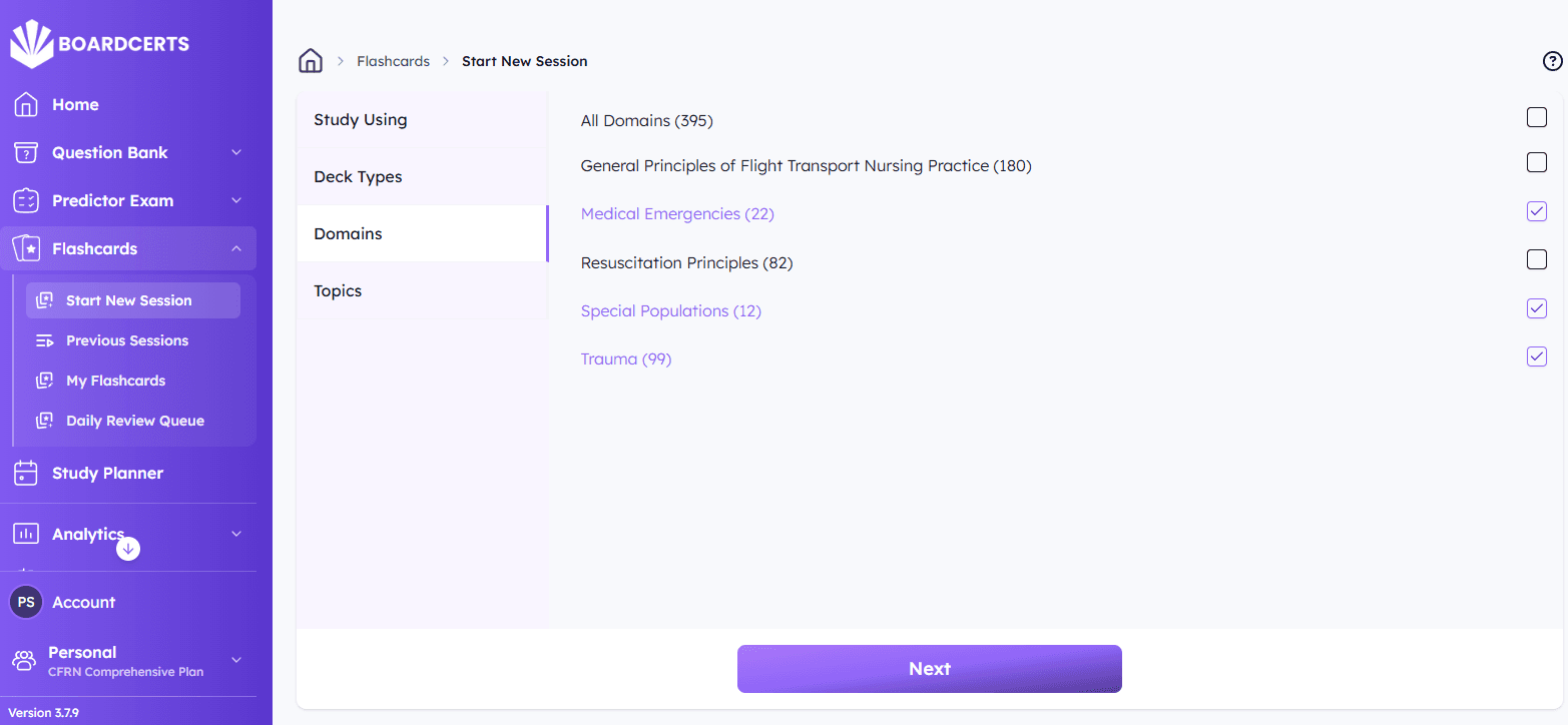 BoardCerts flashcards start session setup with domains and deck selection