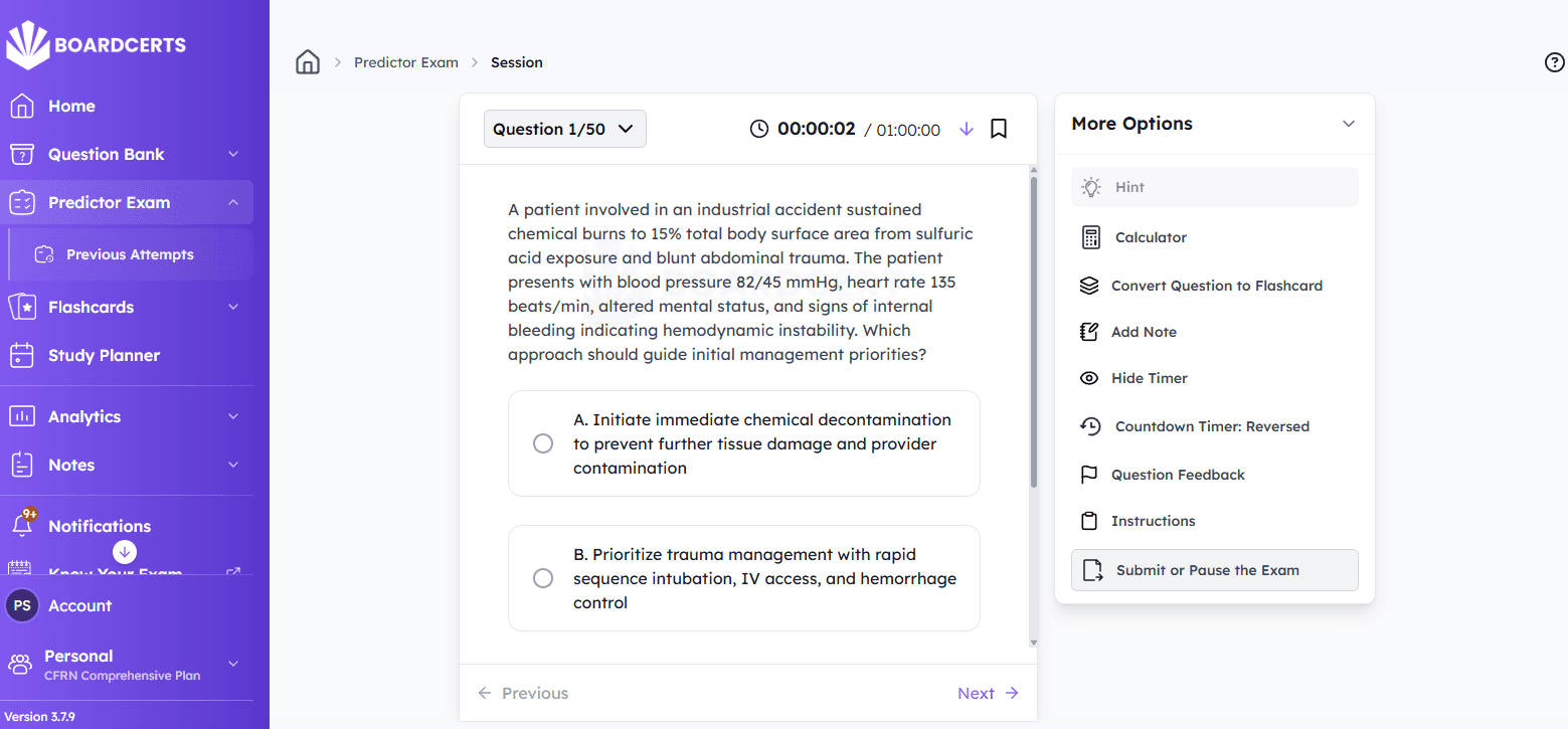 BoardCerts simulation exam session with timed questions and options panel