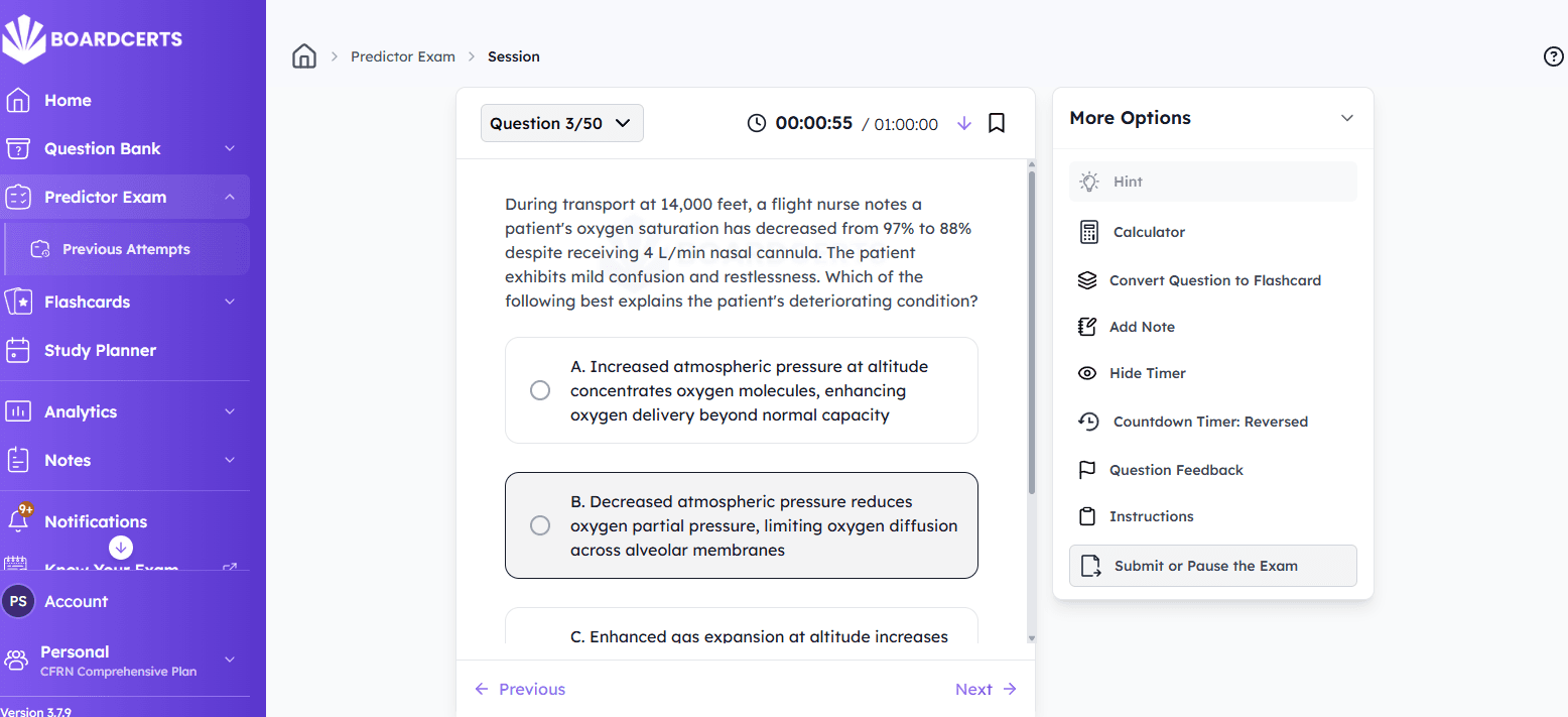 BoardCerts simulation exam question flow with selected answer state