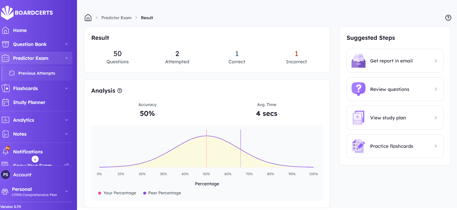 BoardCerts simulation exam result view with analysis and suggested next steps