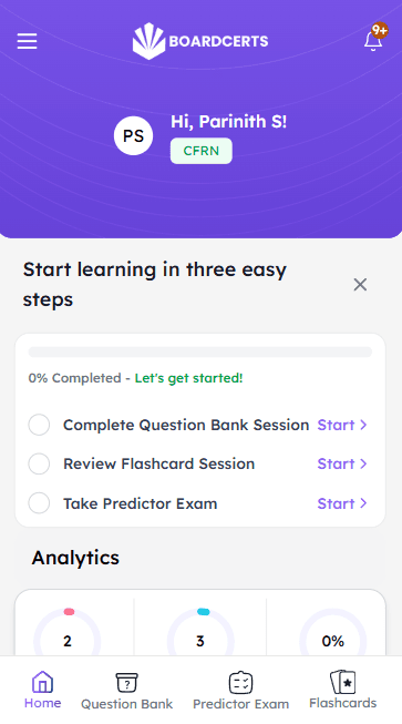 BoardCerts mobile dashboard showing progress and study entry points